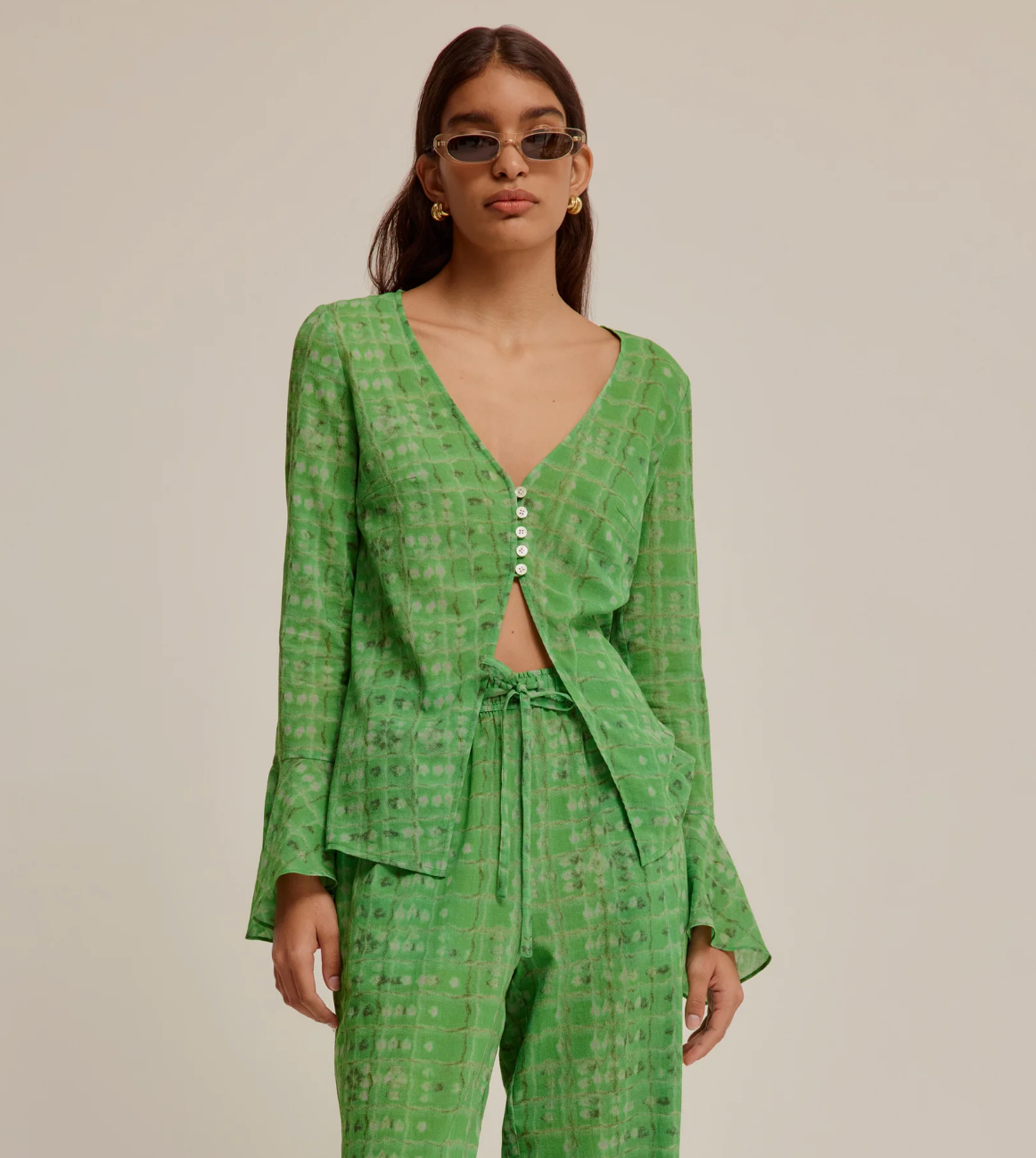 Crinkle Cotton Bell Sleeve Blouse
