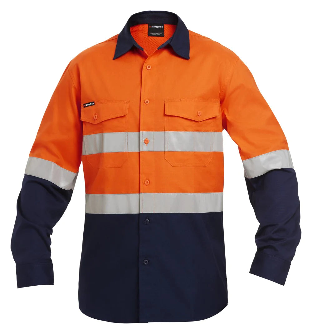 KingGee Men's Workcool 2 Hi Vis Reflective Spliced Long Sleeve Shirt - Orange/Navy