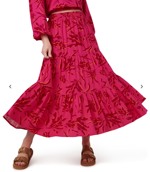 Women's Linen Blend Elastic Tiered Skirt - Orange & Pink