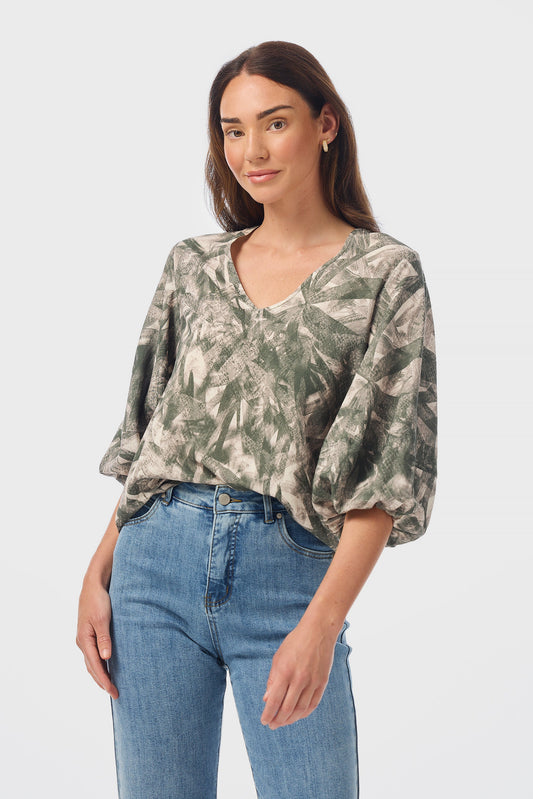 Lantern Sleeve Top - Khaki Palm